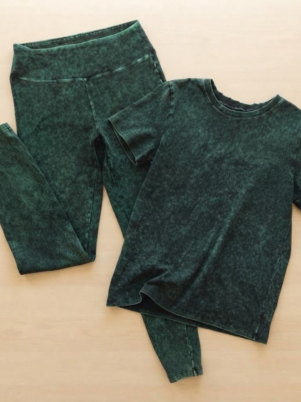 Zenana Mineral Wash 2-Piece Set Women's 1X Dark Green Top Leggings Loungewear